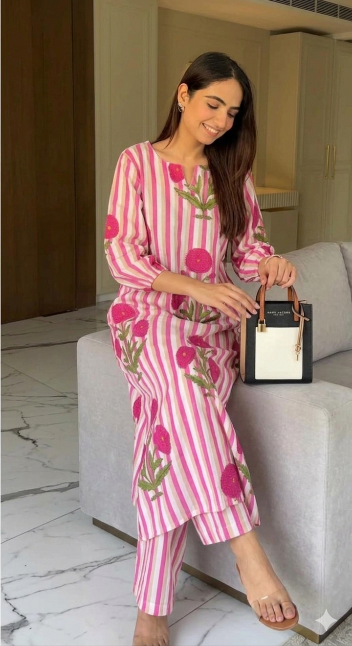 Farah Khan Inspired Blush Bloom Striped Kurta Set