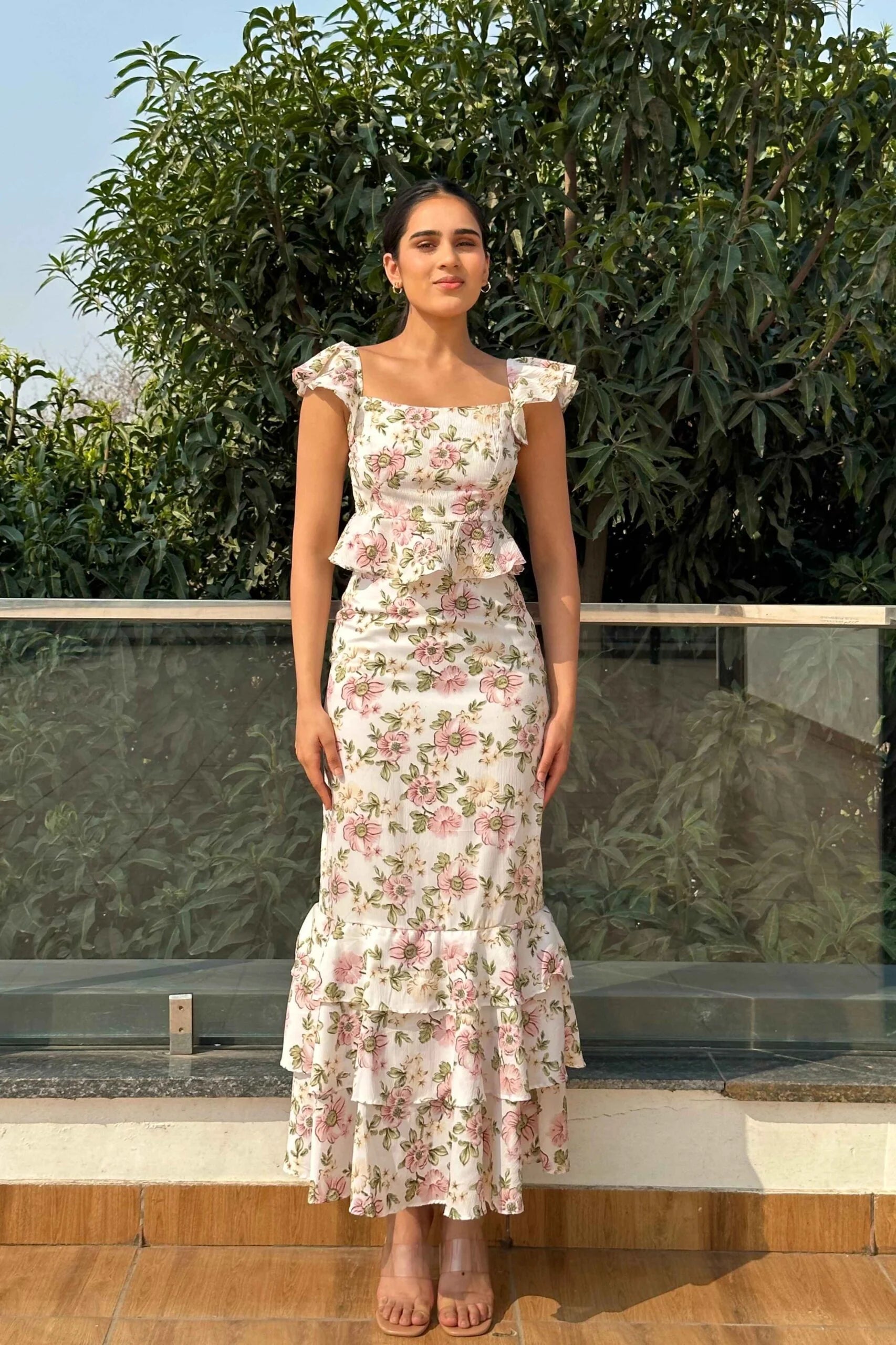 Esha Gupta Elegant Floral Ruffle Top and Skirt set