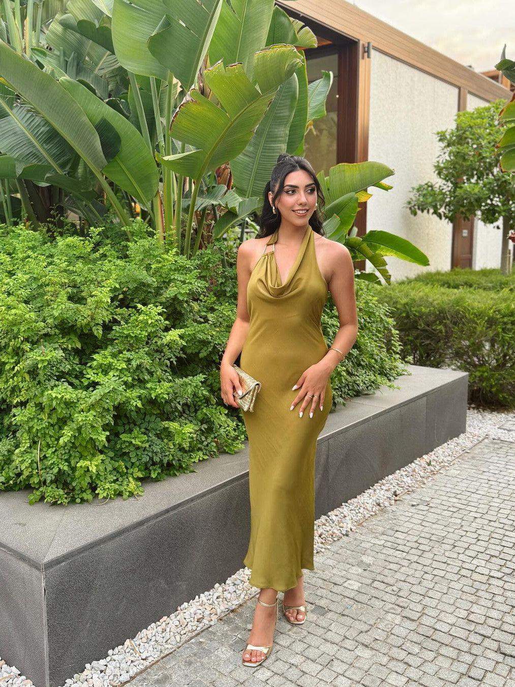 Mrunal Thakur inspired Olive Green Satin Halter Neck Dress