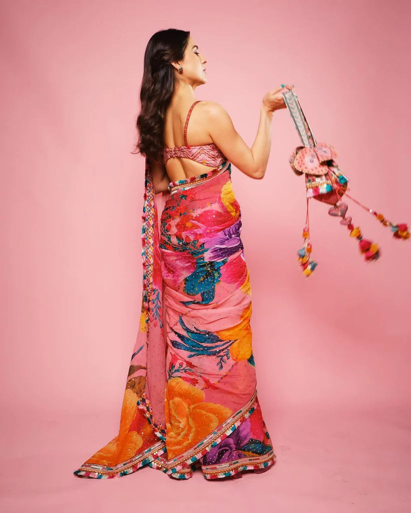 sara Ali Khan Inspired Bloom Streak – Multicolor Hand-Painted Floral Saree