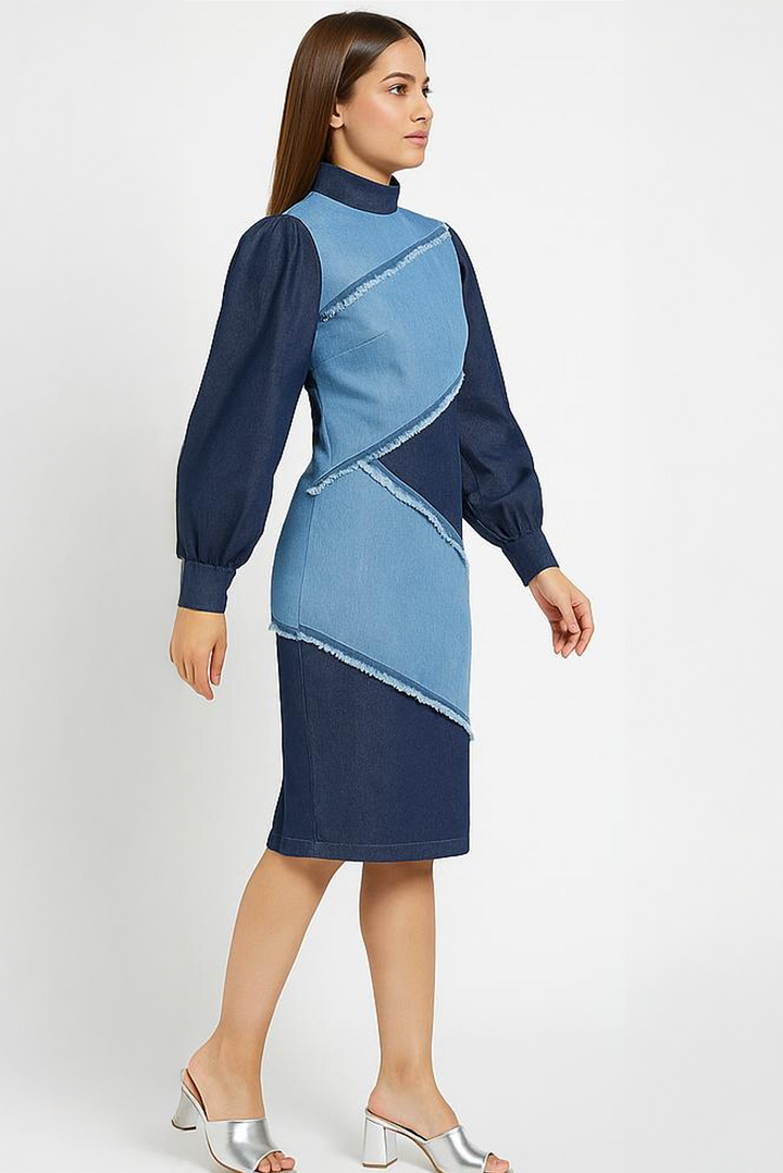 Contrast Panel Fringed Denim Dress