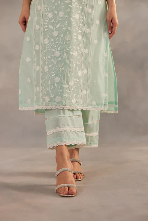 Urvashi Rautela Inspired Pastel Mint Embroidered Suit Set