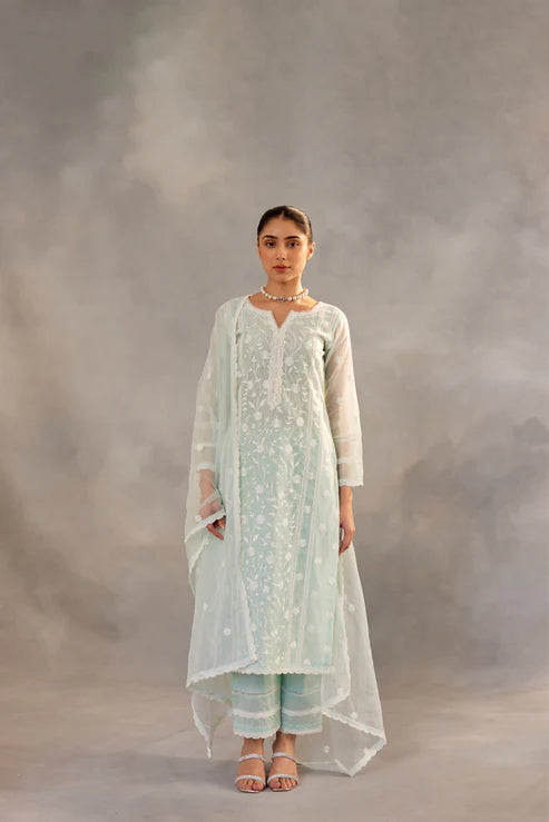 Urvashi Rautela Inspired Pastel Mint Embroidered Suit Set