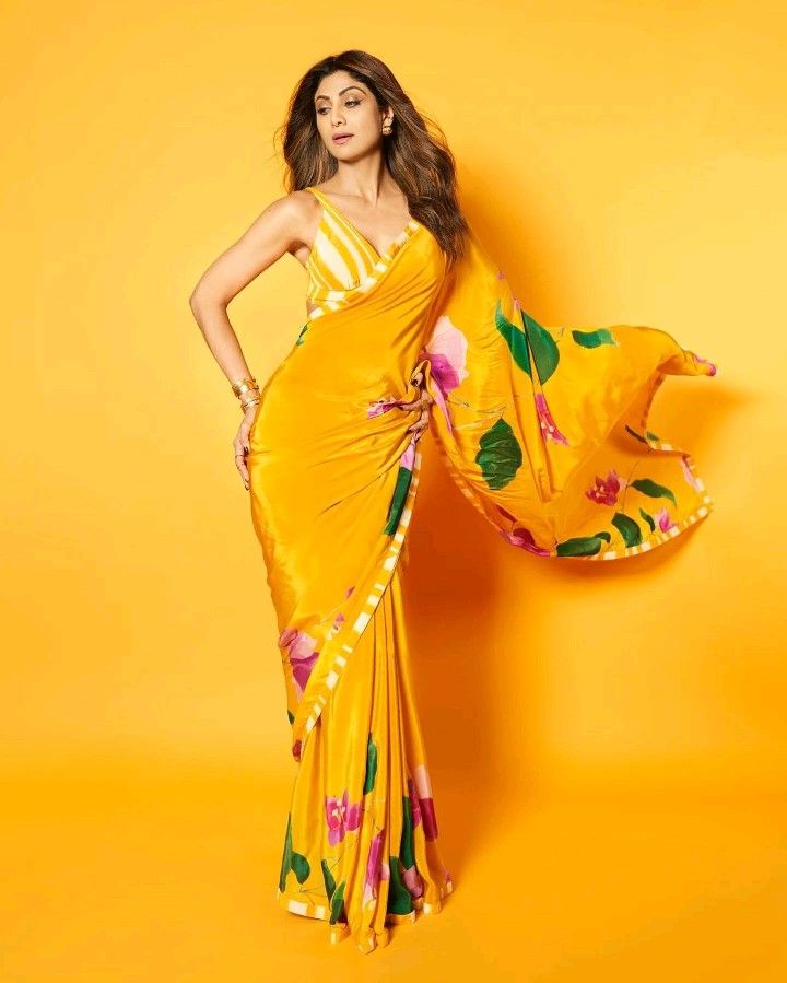 Shilpa Shetty Golden Bloom Satin Saree