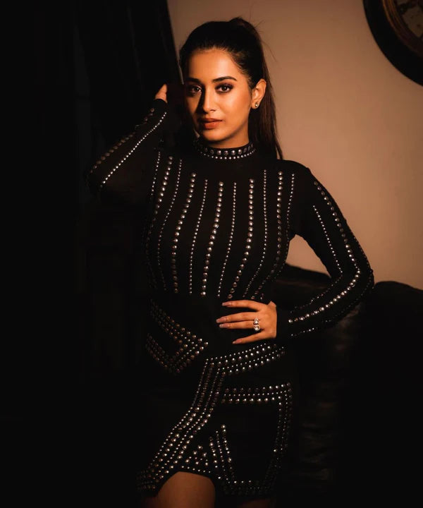 Rashi Singh inspired Midnight Studded Bodycon Mini Dress