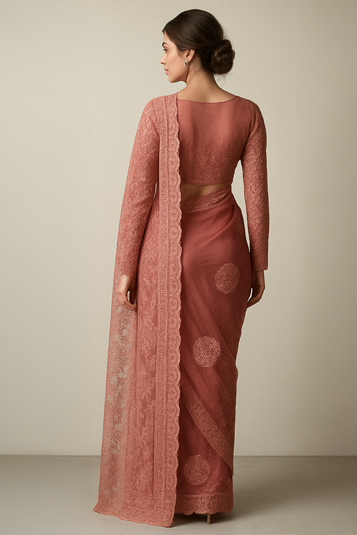 Rosé Empress Net Saree Ensemble