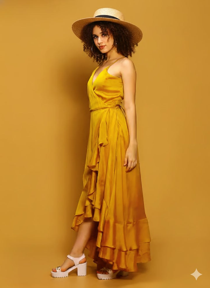 Kareena Kapoor Inspired Mustard Ruffle High-Low Wrap Dress